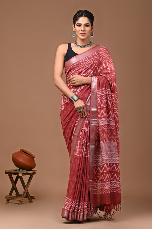 Traditional Hand block Print Linen Sarees (BALS09)
