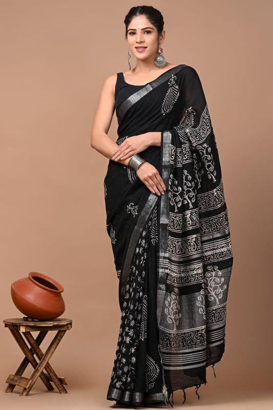 Traditional Hand block Print Linen Sarees (BALS10)