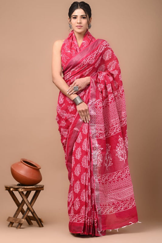 Traditional Hand block Print Linen Sarees (BALS11)