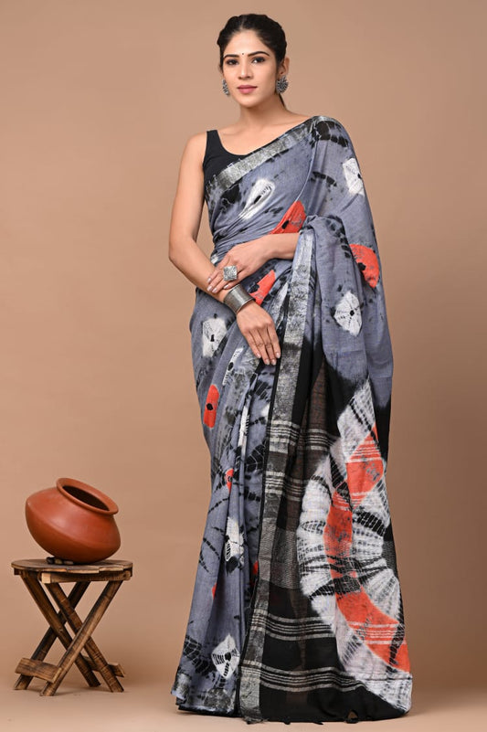 Traditional Hand block Print Linen Sarees (BALS13)