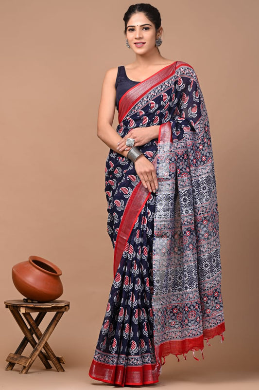 Traditional Hand block Print Linen Sarees (BALS14)