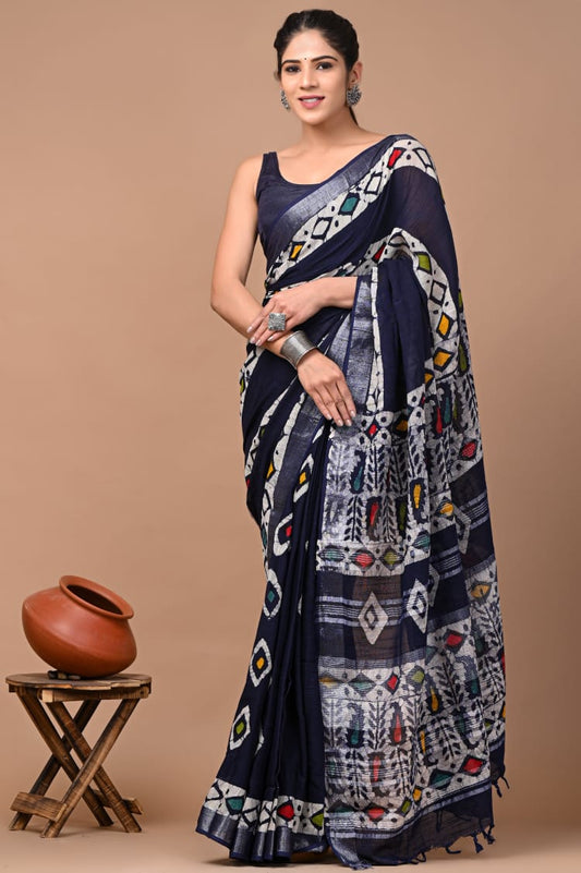 Traditional Hand block Print Linen Sarees (BALS15)