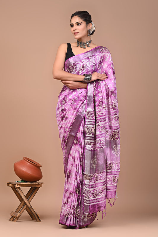 Traditional Hand block Print Linen Sarees (BALS16)