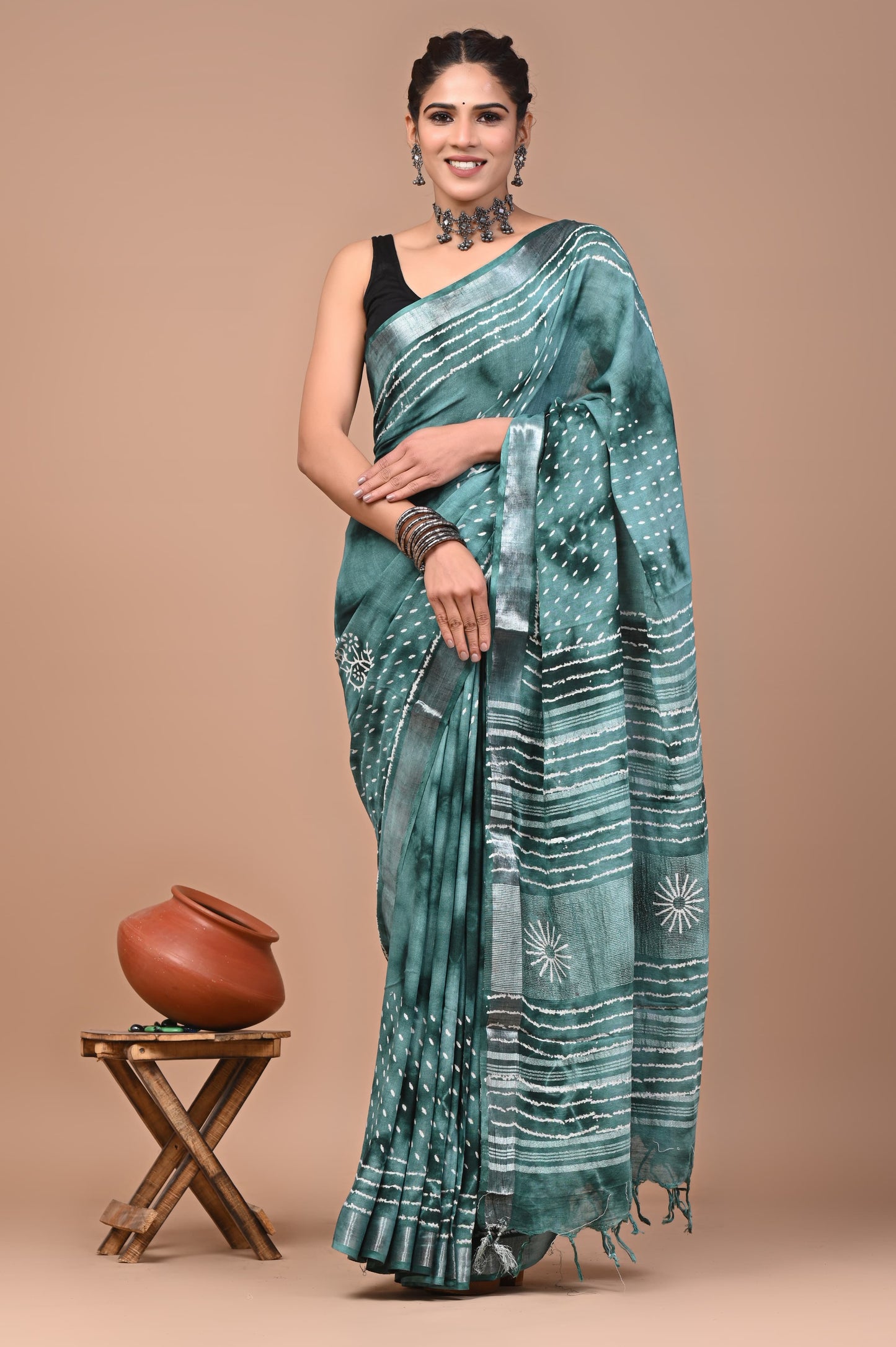 Traditional Hand block Print Linen Sarees (BALS17)