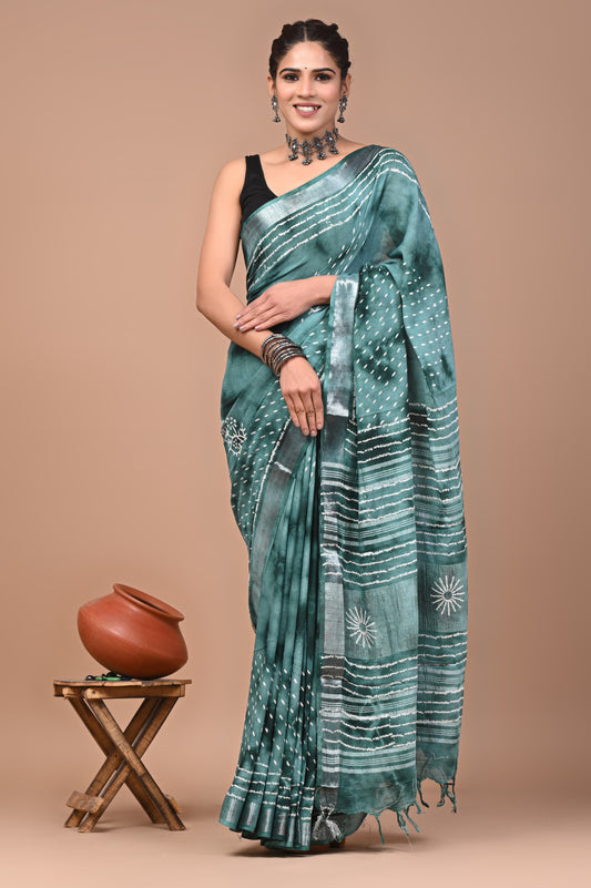 Traditional Hand block Print Linen Sarees (BALS17)