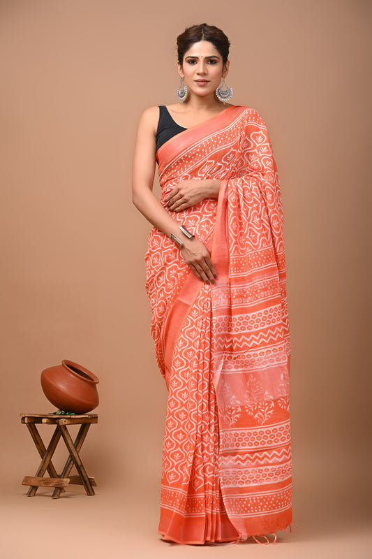 Traditional Hand block Print Linen Sarees (BALS18)