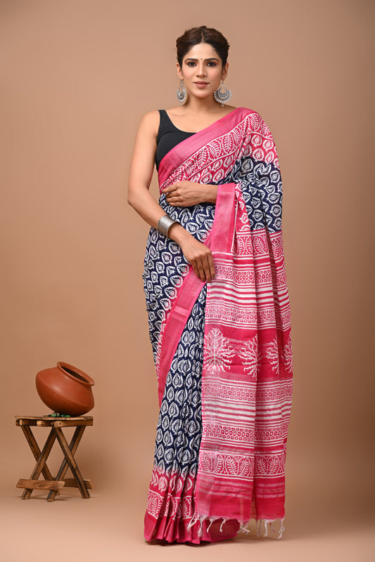 Traditional Hand block Print Linen Sarees (BALS20)