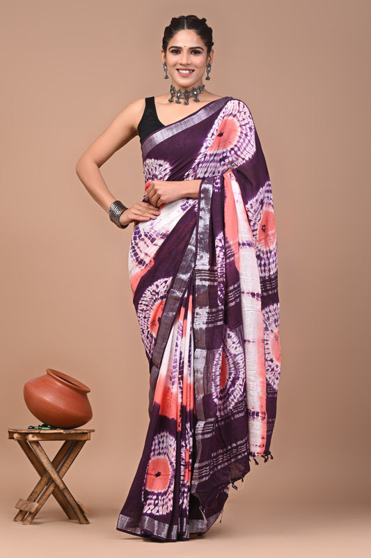 Traditional Hand block Print Linen Sarees (BALS21)