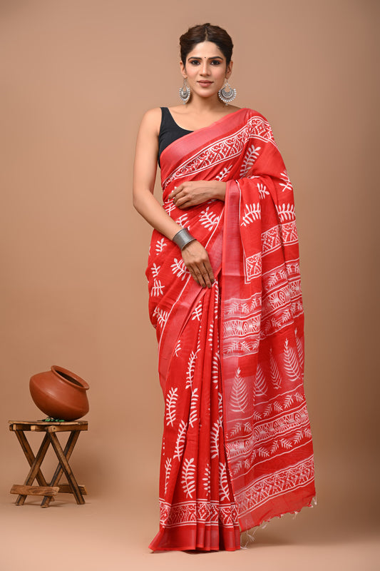 Traditional Hand block Print Linen Sarees (BALS22)