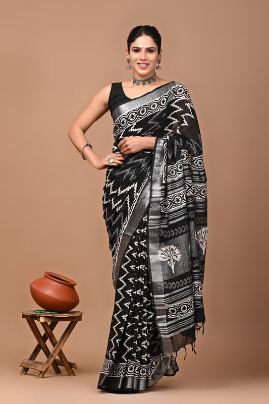Traditional Hand block Print Linen Sarees (BALS25)