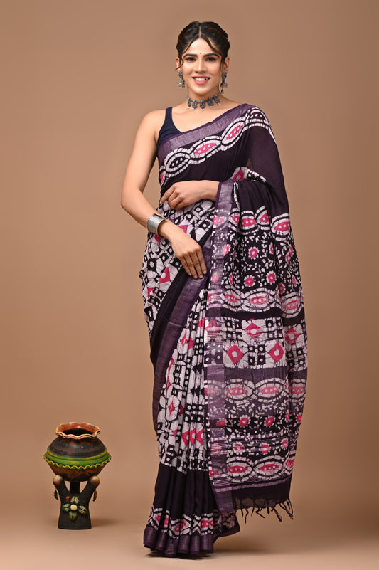 Traditional Hand block Print Linen Sarees (BALS26)