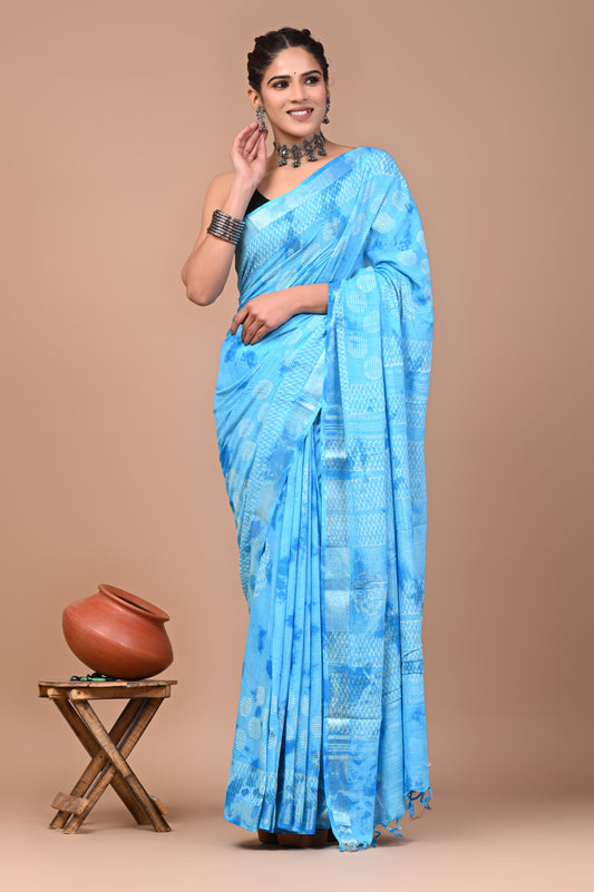Traditional Hand block Print Linen Sarees (BALS29)