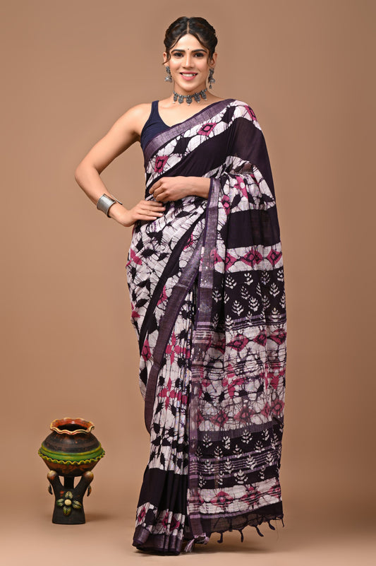 Traditional Hand block Print Linen Sarees (BALS31)