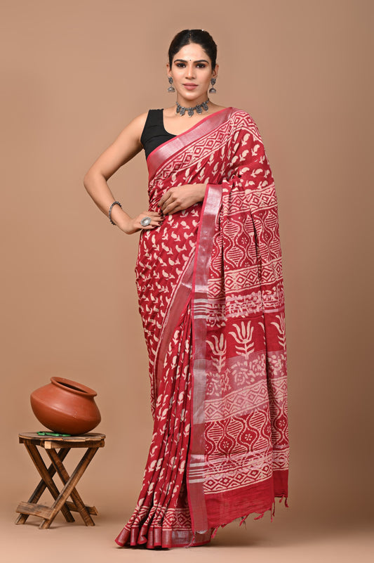 Exclusive Hand block Print Linen Sarees (BALS32)