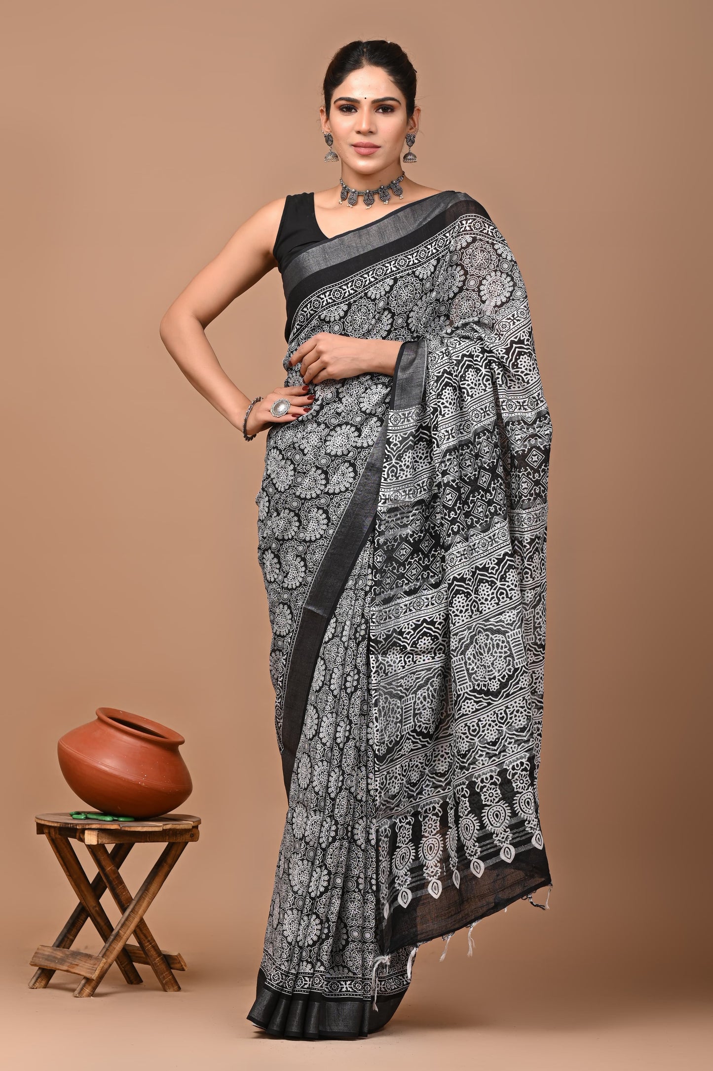 Exclusive Hand block Print Linen Sarees (BALS33)