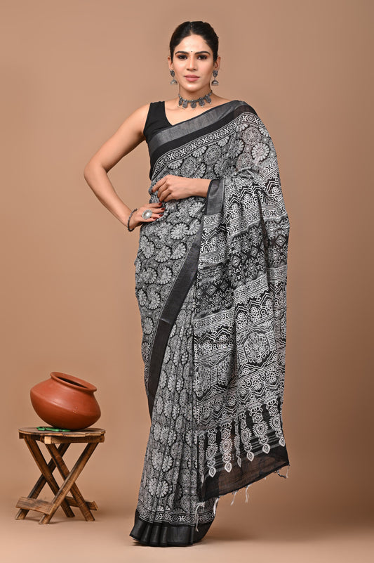 Exclusive Hand block Print Linen Sarees (BALS33)
