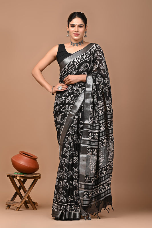 Exclusive Hand block Print Linen Sarees (BALS38)