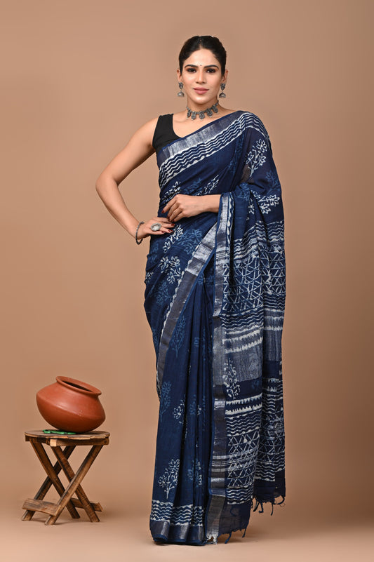 Exclusive Hand block Print Linen Sarees (BALS39)