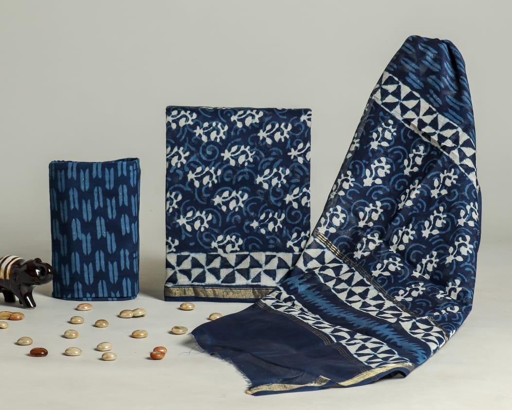 Exclusive Hand Block Printed Chanderi Silk Dress Material Set (BACHACH09)