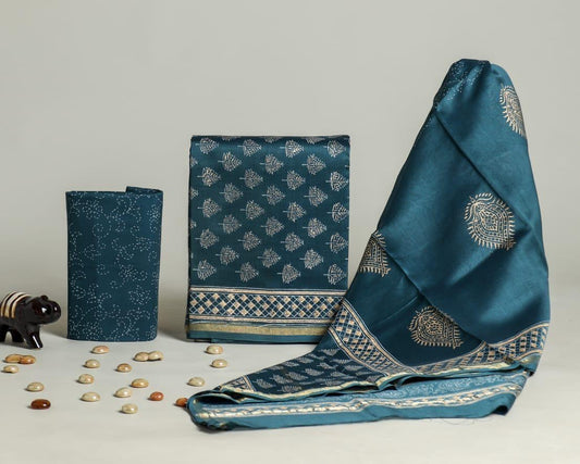 Exclusive Hand Block Printed Chanderi Silk Dress Material Set (BACHACH05)