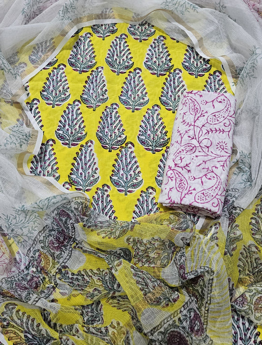 Hand Block Printed Cotton Suit Sets with Kota Doriya Dupatta (BACOTKD10)