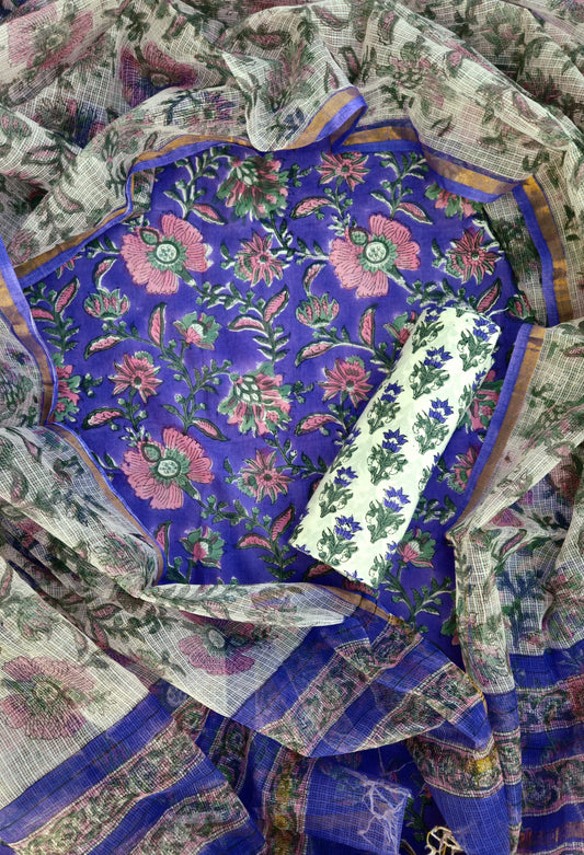 Bagru Hand Block Printed Cotton Suit Sets with Kota Doriya Dupatta (BACOTKD18)