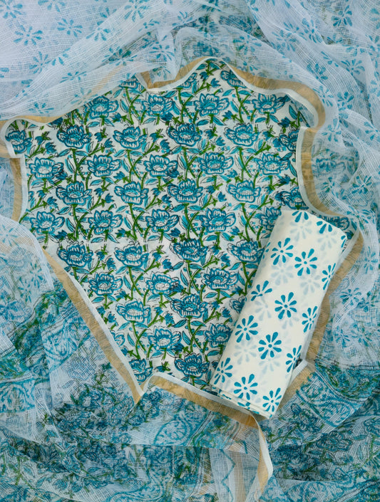 Bagru Hand Block Printed Cotton Suit Sets with Kota Doriya Dupatta (BACOTKD20)