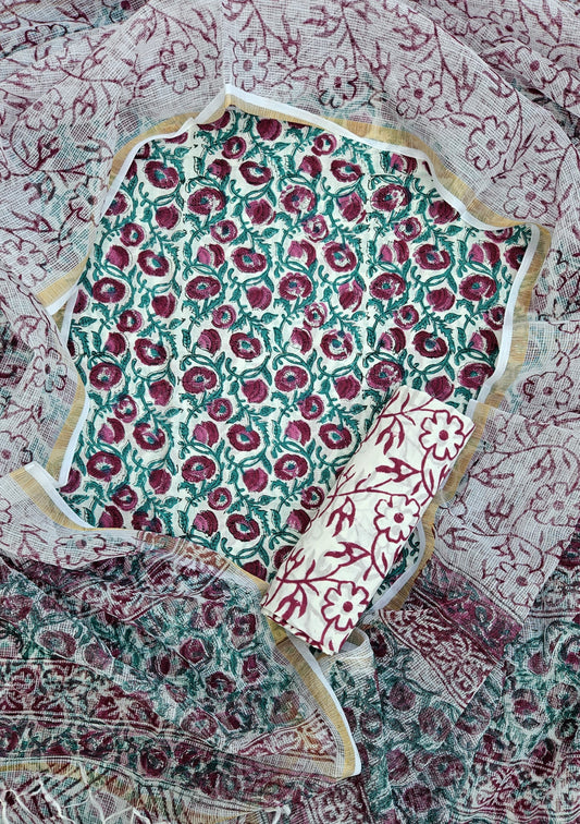 Bagru Hand Block Printed Cotton Suit Sets with Kota Doriya Dupatta (BACOTKD21)