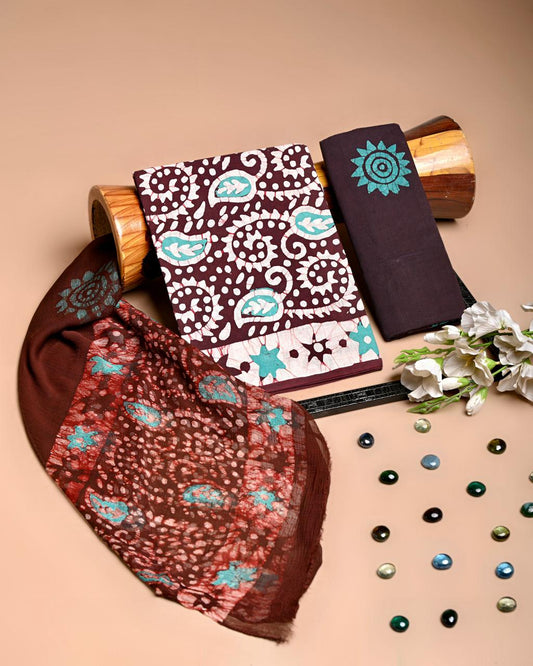 Premium Hand Block Printed Cotton Suit With Chiffon Dupatta (BACOTCF03)