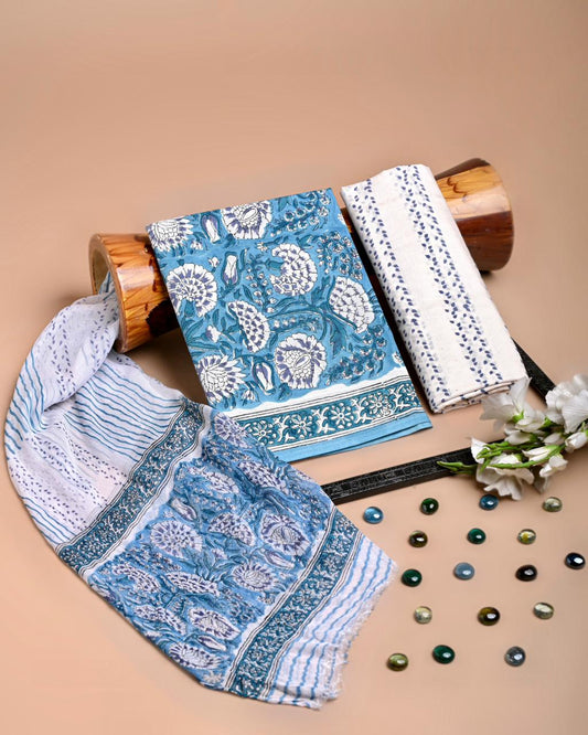 Premium Hand Block Printed Cotton Suit With Chiffon Dupatta (BACOTCF04)