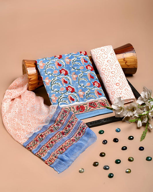 Premium Hand Block Printed Cotton Suit With Chiffon Dupatta (BACOTCF08)