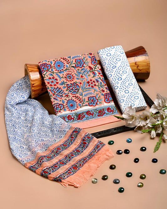 Premium Hand Block Printed Cotton Suit With Chiffon Dupatta (BACOTCF11)