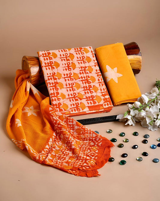 Premium Hand Block Printed Cotton Suit With Chiffon Dupatta (BACOTCF13)