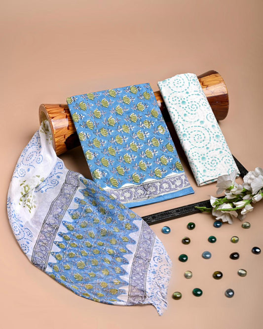 Premium Hand Block Printed Cotton Suit With Chiffon Dupatta (BACOTCF14)