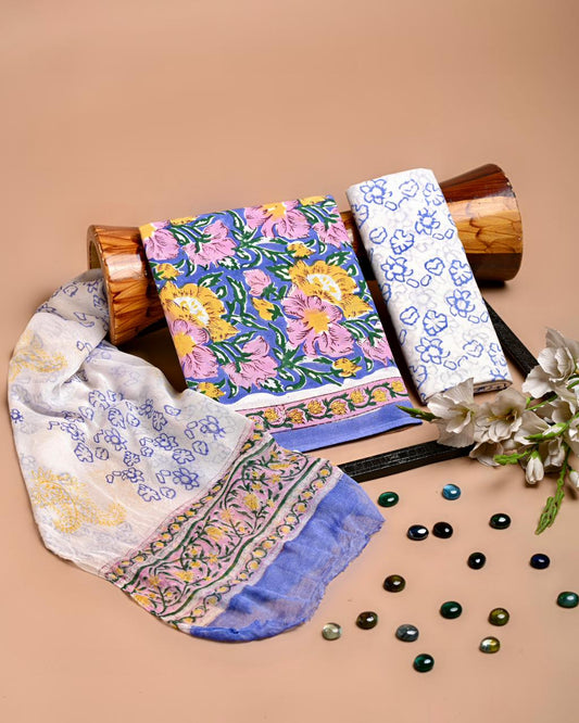 Premium Hand Block Printed Cotton Suit With Chiffon Dupatta (BACOTCF15)