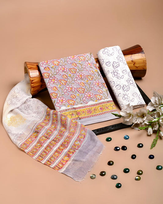 Premium Hand Block Printed Cotton Suit With Chiffon Dupatta (BACOTCF16)
