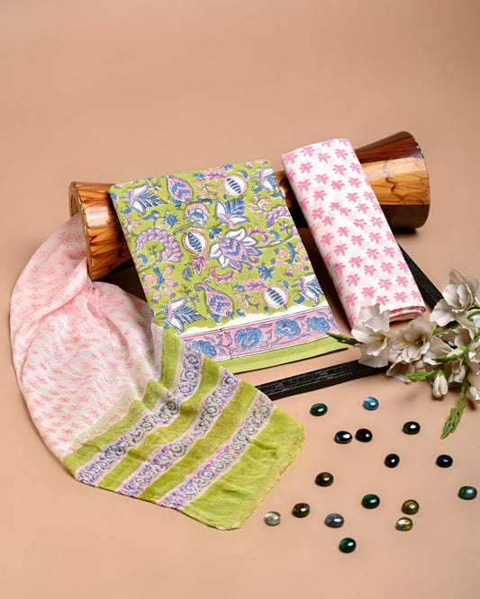 Premium Hand Block Printed Cotton Suit With Chiffon Dupatta (BACOTCF17)