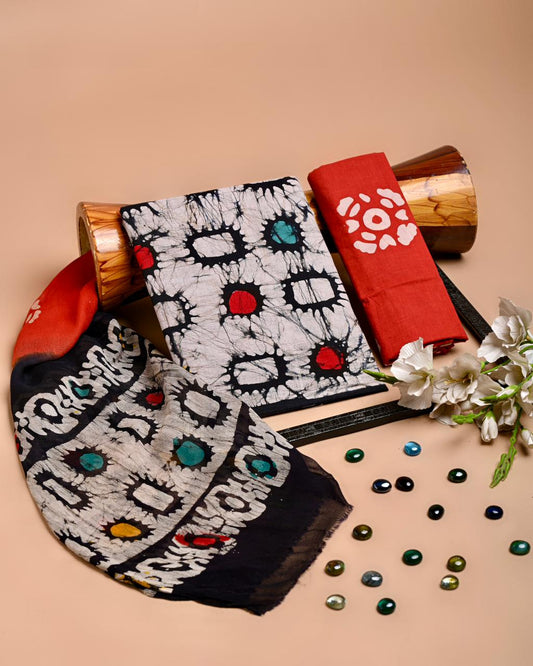 Premium Hand Block Printed Cotton Suit With Chiffon Dupatta (BACOTCF19)