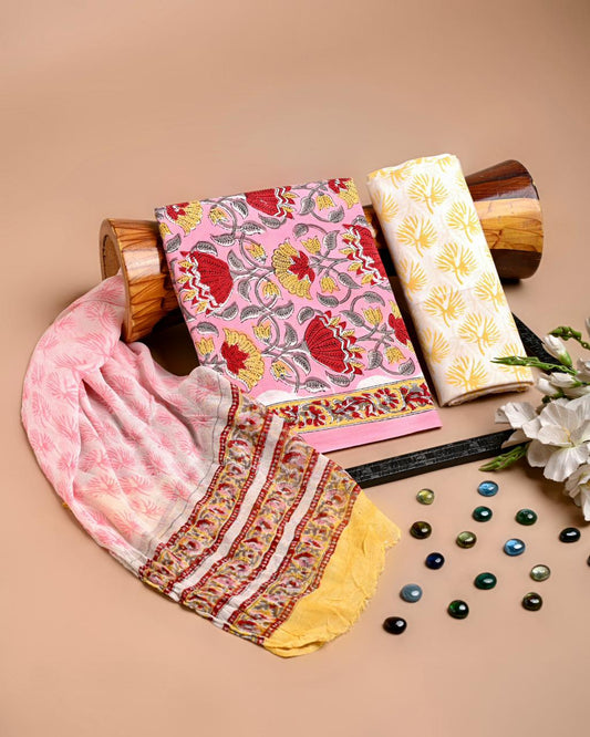 Premium Hand Block Printed Cotton Suit With Chiffon Dupatta (BACOTCF20)