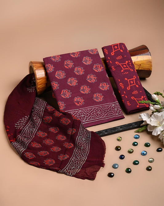 Premium Hand Block Printed Cotton Suit With Chiffon Dupatta (BACOTCF21)