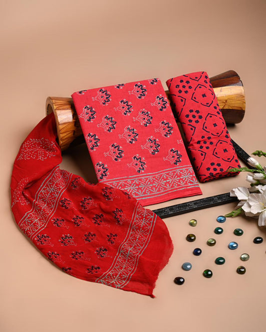 Premium Hand Block Printed Cotton Suit With Chiffon Dupatta ((BACOTCF22)