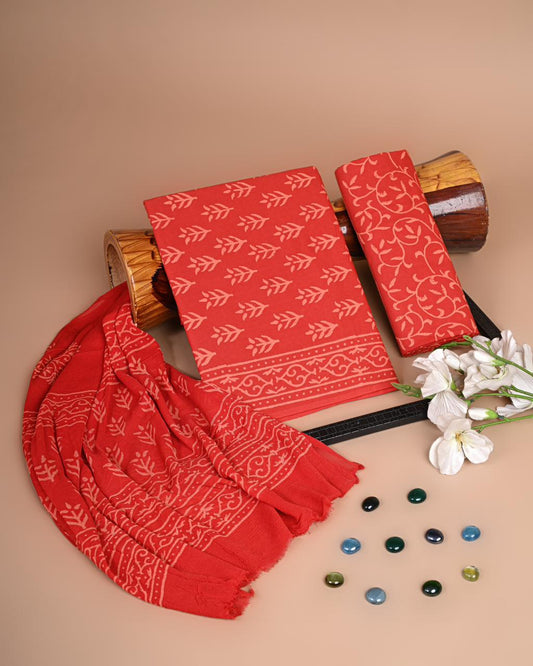 Premium Hand Block Printed Cotton Suit With Chiffon Dupatta (BACOTCF23)