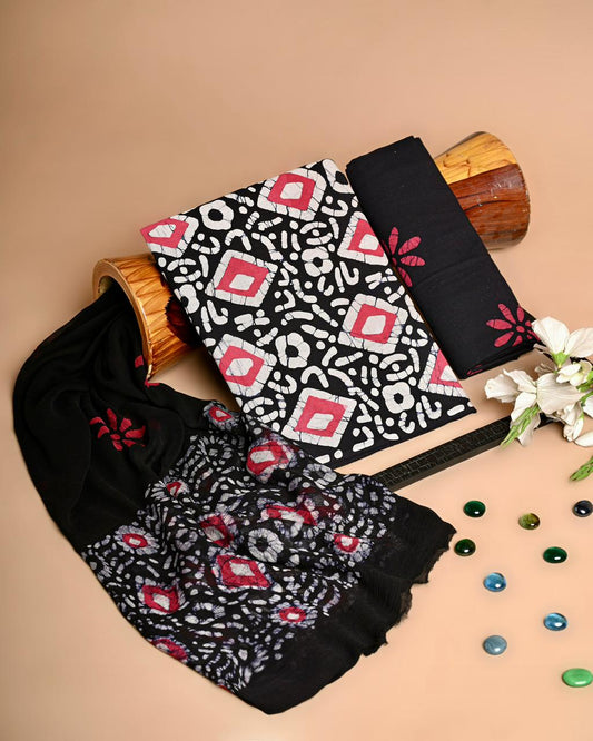 Premium Hand Block Printed Cotton Suit With Chiffon Dupatta (BACOTCF24)