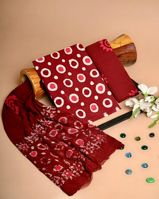 Premium Hand Block Printed Cotton Suit With Chiffon Dupatta (BACOTCF25)