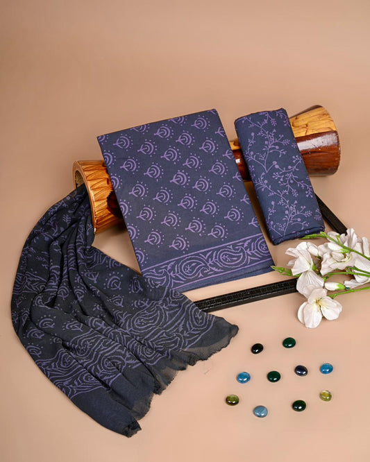Premium Hand Block Printed Cotton Suit With Chiffon Dupatta (BACOTCF26)