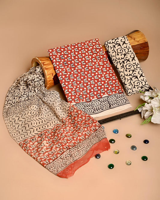 Premium Hand Block Printed Cotton Suit With Chiffon Dupatta (BACOTCF29)