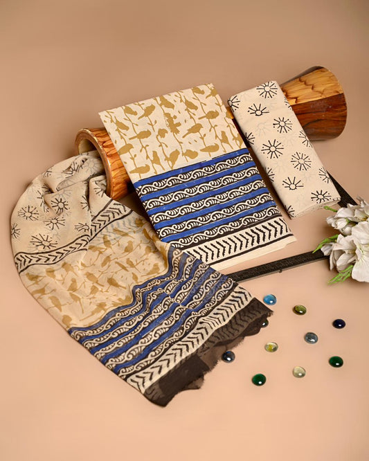 Premium Hand Block Printed Cotton Suit With Chiffon Dupatta (BACOTCF30)