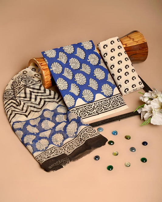 Premium Hand Block Printed Cotton Suit With Chiffon Dupatta (BACOTCF31)