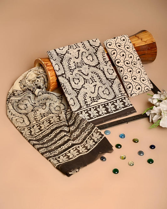 Premium Hand Block Printed Cotton Suit With Chiffon Dupatta (BACOTCF32)