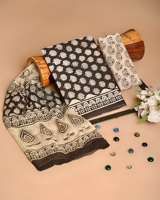 Premium Hand Block Printed Cotton Suit With Chiffon Dupatta (BACOTCF33)
